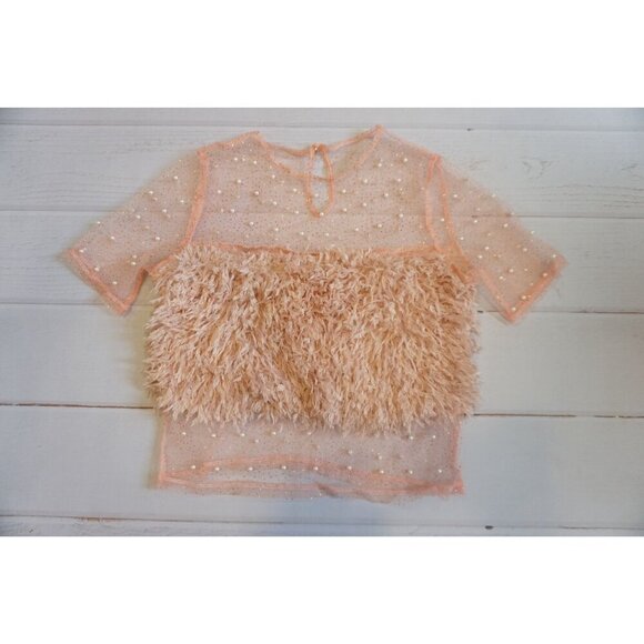 SHEIN Tops - Shein Pearl-Embellished Mesh & Faux Fur Crop Top - Size M